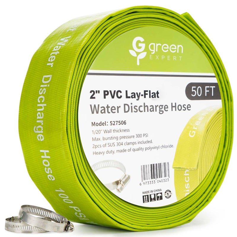 G green EXPERT Green Expert 2 inch ID Lay Flat Discharge Hose 50 feet with Clamps Reinforced PVC Water Drain Hose Heavy Duty for Sump Pumps Quickly Water Removal Pool Backwash Filter Accessory Green - Image 1